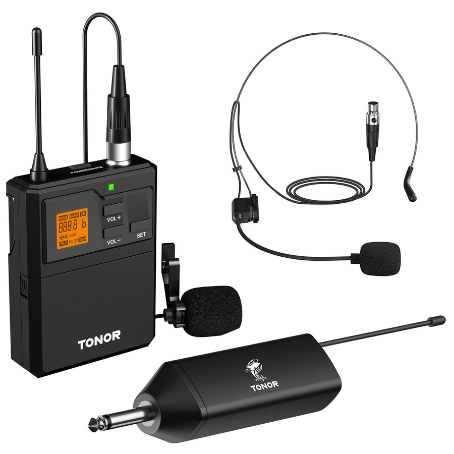 TONOR TW621 UHF Wireless Microphone System with Headset Mic/Lavalier Lapel Mic,  Recording Live Performance PA Speaker