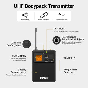 TONOR TW621 UHF Wireless Microphone System with Headset Mic/Lavalier Lapel Mic,  Recording Live Performance PA Speaker