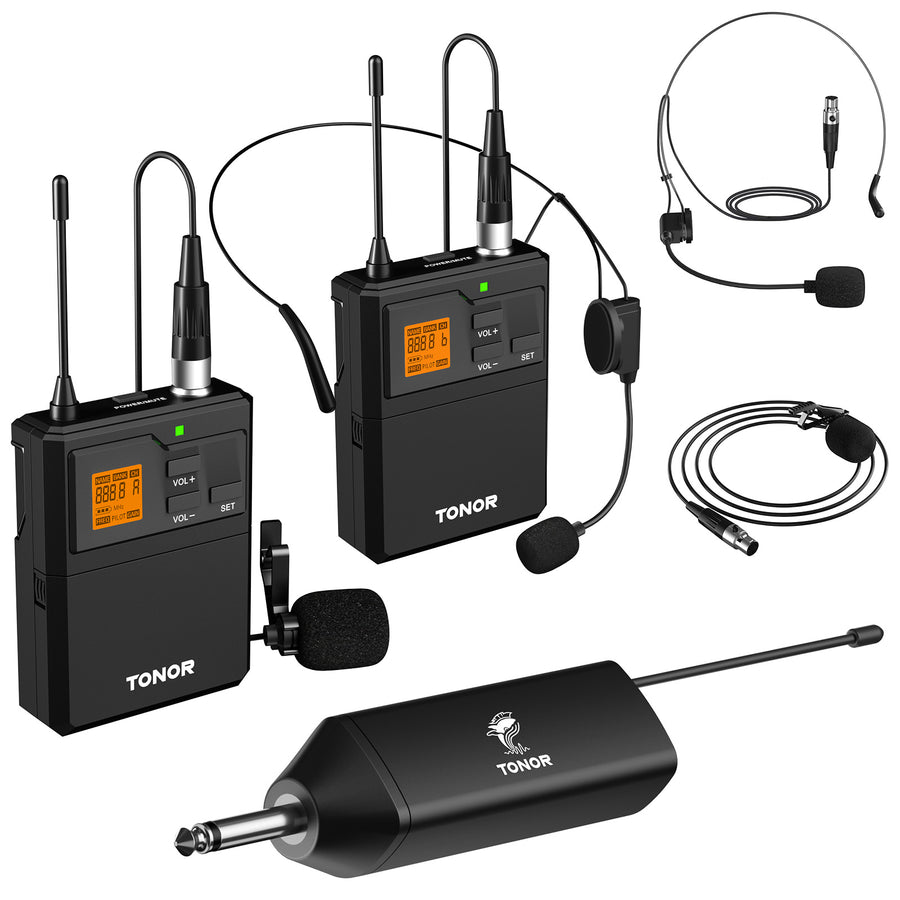 TONOR TW632 UHF Wireless Microphone System with Dual Headset Microphones/Lavalier Lapel Mics
