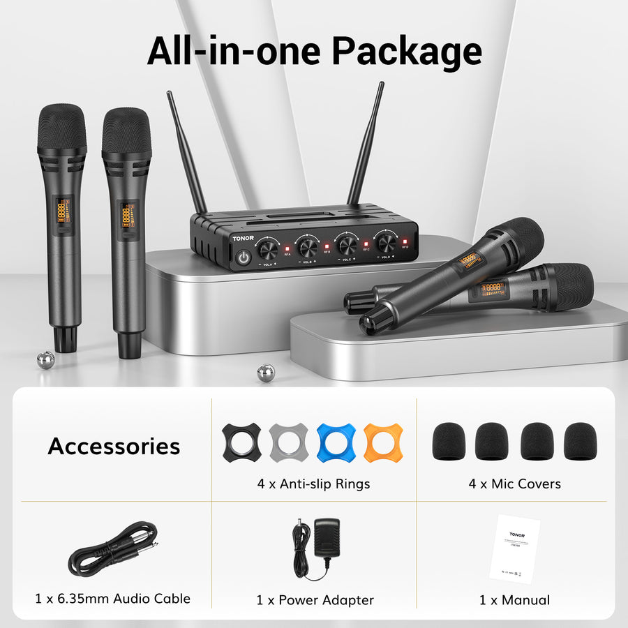 TONOR TW360 Wireless Microphone System with 4x10 Channel Cordless Handheld Microphone