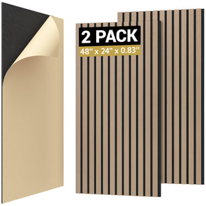 TONOR 2 Pieces Wood Slat Panels, 48" x 24" 3D Grooved Living Room Wood Adhesive Acoustic Panels