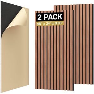 TONOR 2 Pieces Wood Slat Panels, 48" x 24" 3D Grooved Living Room Wood Adhesive Acoustic Panels