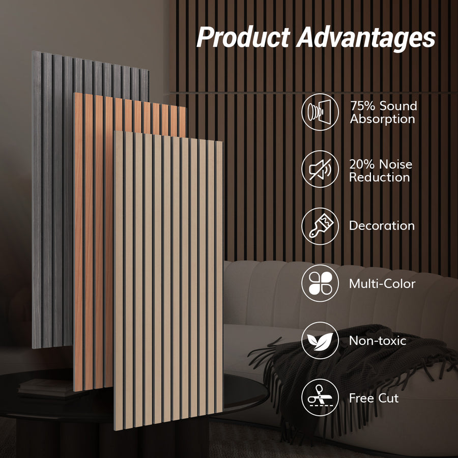 TONOR 2 Pieces Wood Slat Panels, 48" x 24" 3D Grooved Living Room Wood Adhesive Acoustic Panels