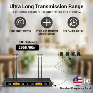 TONOR TW844 UHF Wireless Microphone System with Bodypack Transmitter, 4*10 Channels, 295ft Range