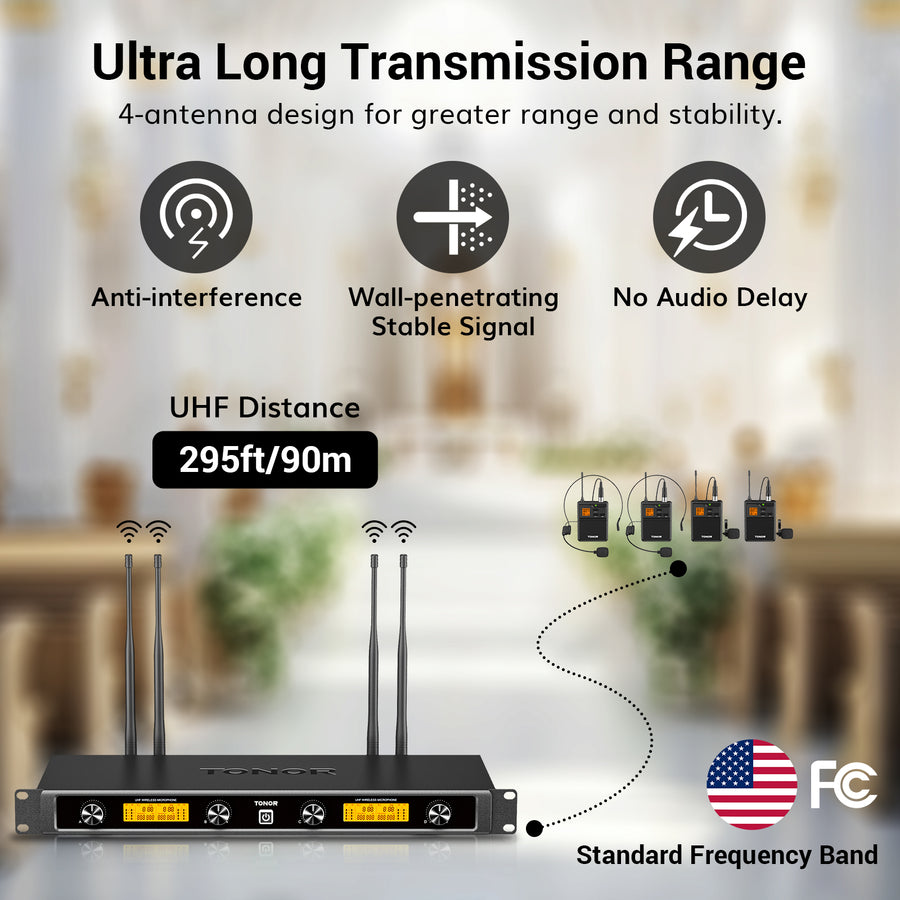 TONOR TW844 UHF Wireless Microphone System with Bodypack Transmitter, 4*10 Channels, 295ft Range