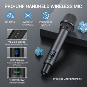 TONOR TW790 Rechargeable Wireless Microphone, Metal Dual UHF 328ft Range Handheld Microphone System