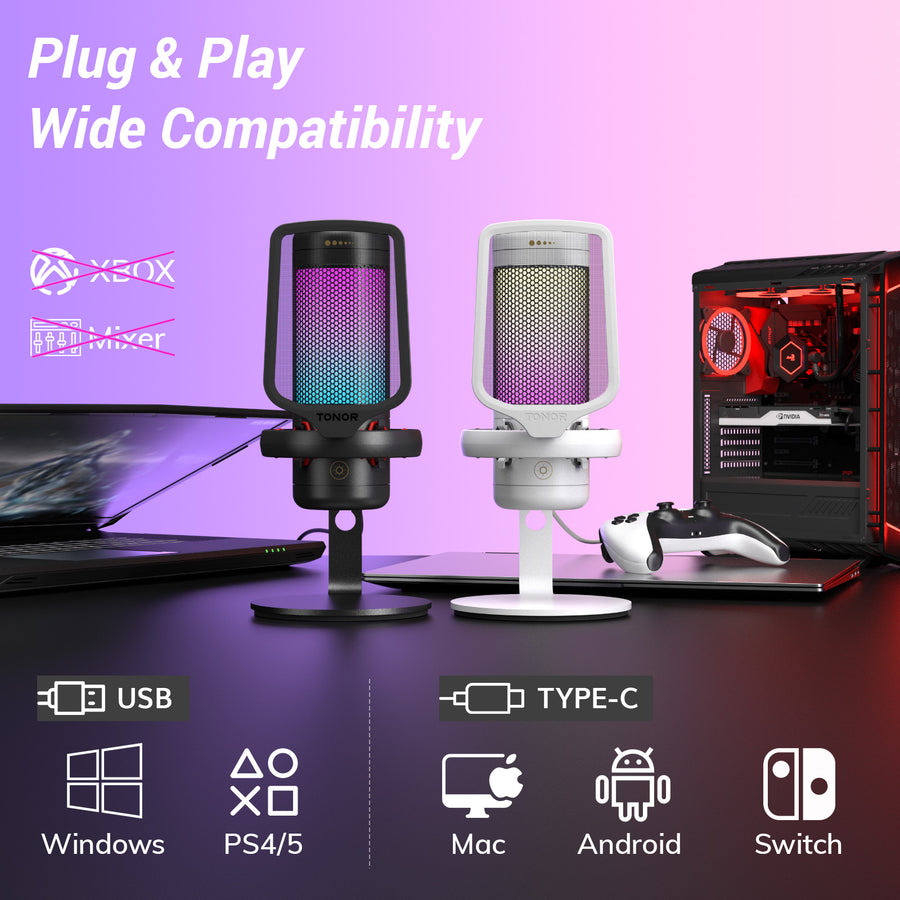 TONOR TC320 Gaming Microphone, USB Microphone with RGB/Gain Control