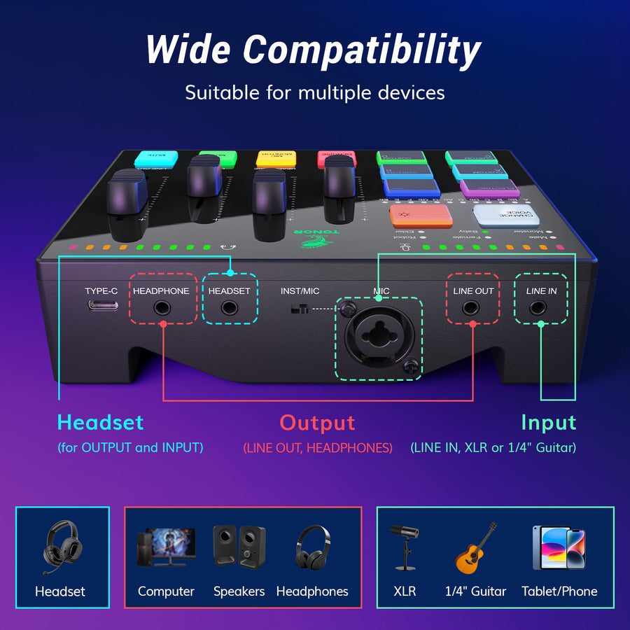 TONOR TX310 Gaming Audio Interface, RGB Audio Mixer with Professional Preamplifier